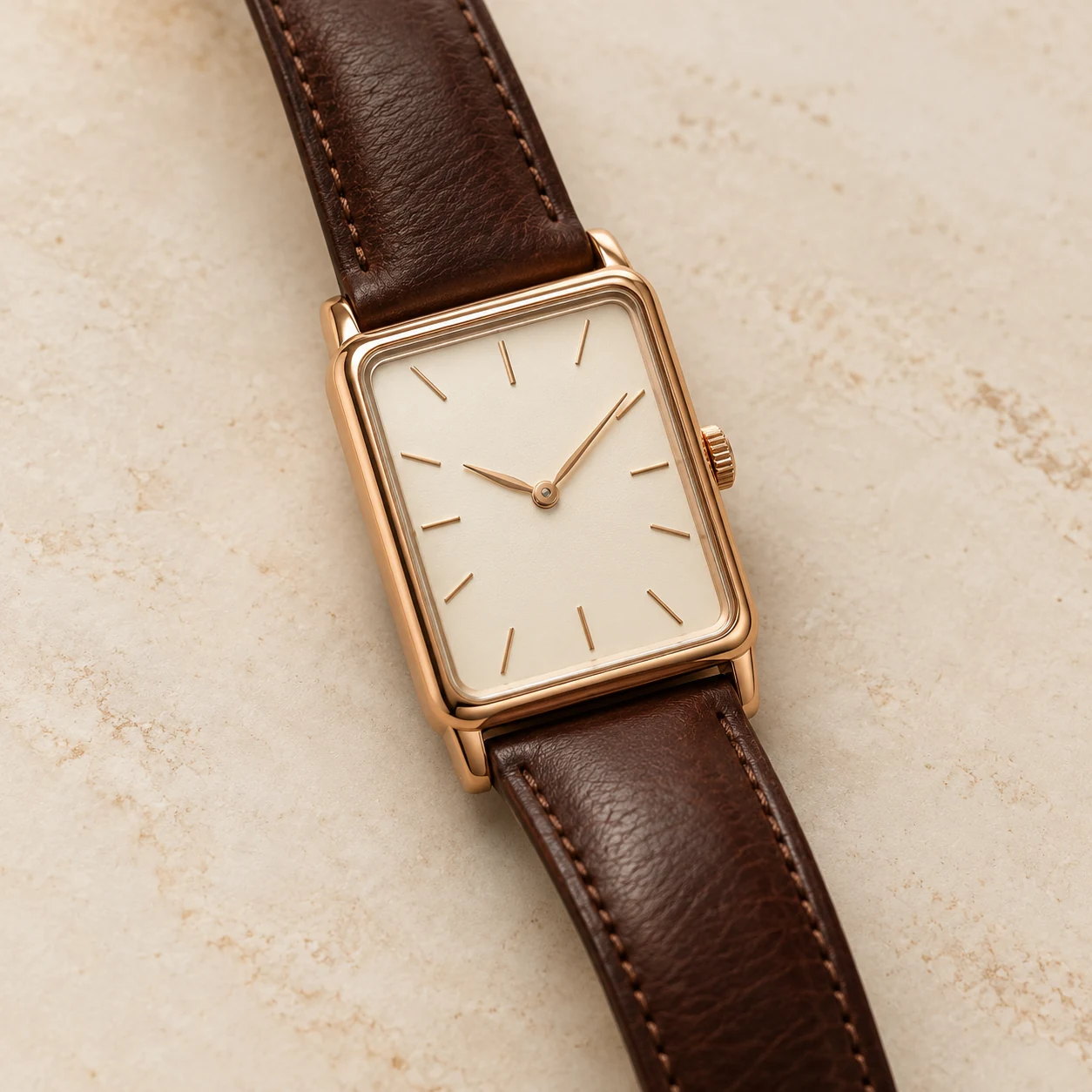 A rectangular dress watch with a warm leather strap