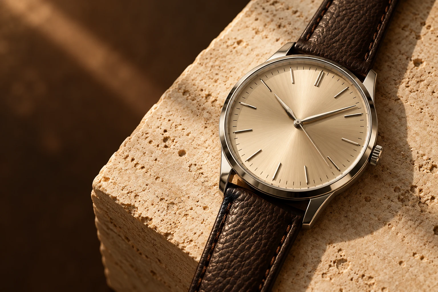 An original champagne dial watch on warm stone in afternoon light